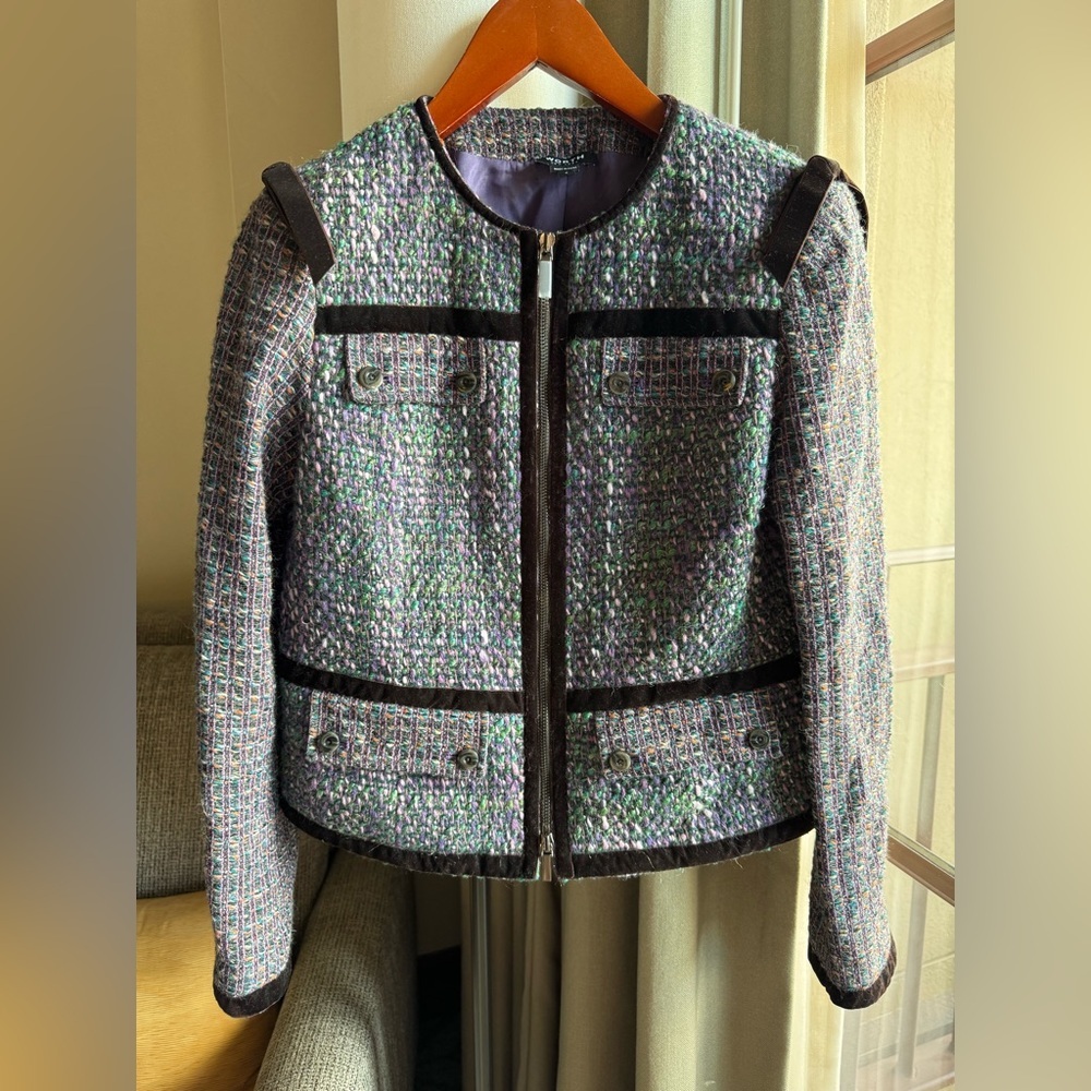$698 Worth NYC Amethyst Tweed Velvet Ribbon Trim Pocket Wool Blend Jacket Size 8